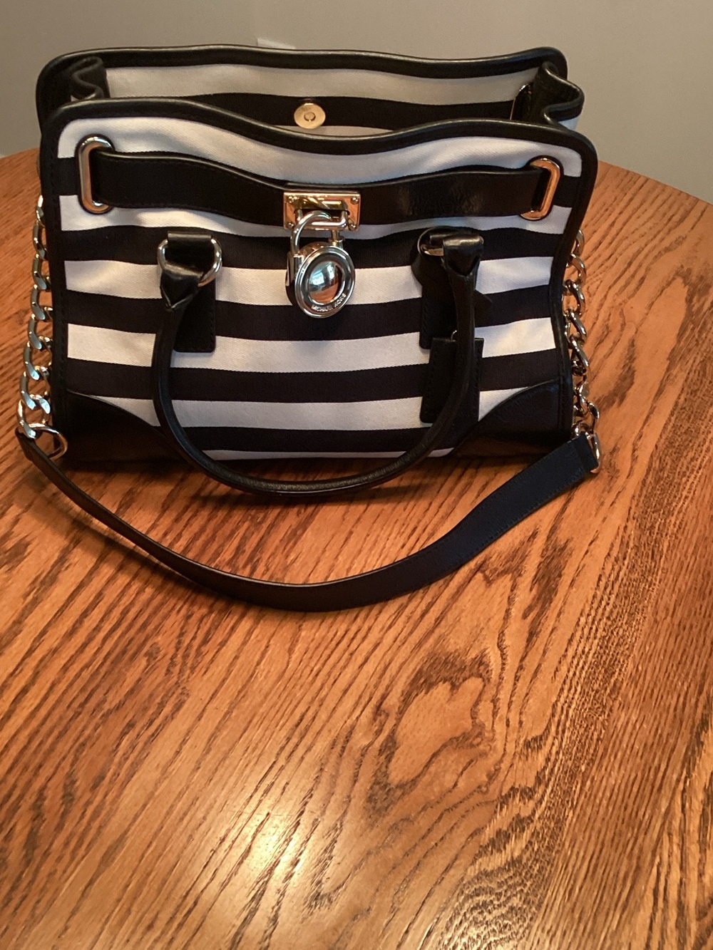 Michael Kors Black and White Striped Satchel